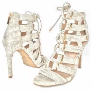 Vince Camuto Freshi‎ Snake Embossed Caged Lace Up Sandals White Gold 7M 37